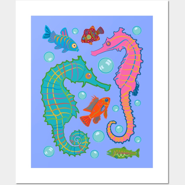 Seahorses and Fish Swimming in an Ocean of Bubbles Wall Art by evisionarts